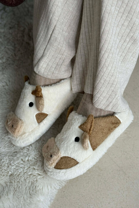 COW FACE TEDDY WOMAN SLIPPERS WHITE-BROWN/BAKA - 4