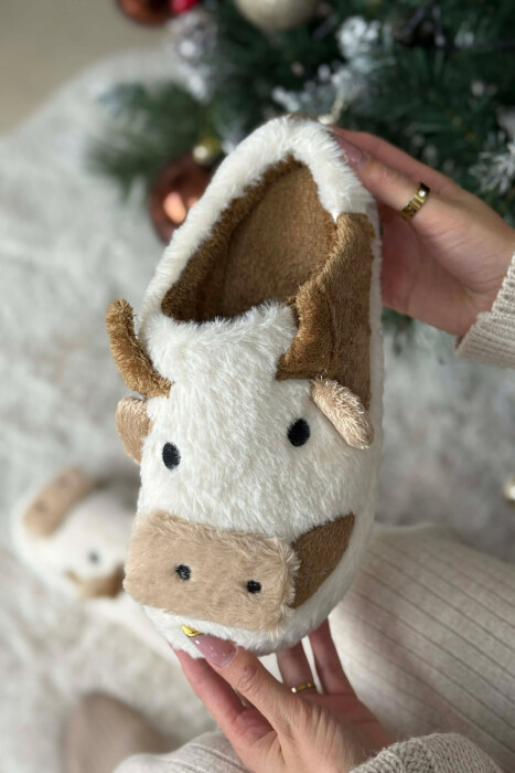COW FACE TEDDY WOMAN SLIPPERS WHITE-BROWN/BAKA - 5