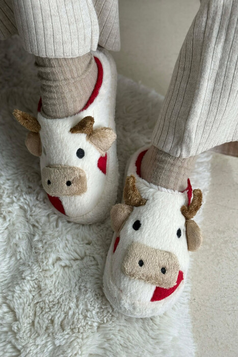 COW FACE TEDDY WOMAN SLIPPERS WHITE-RED/BAKU - KLAUDIO FASHION