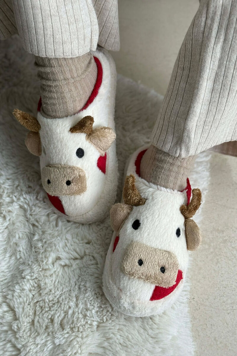 COW FACE TEDDY WOMAN SLIPPERS WHITE-RED/BAKU - 1