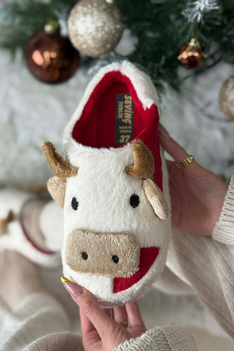 COW FACE TEDDY WOMAN SLIPPERS WHITE-RED/BAKU - 2