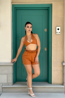 CROP + SHORT TROUSERS LINEN WOMAN SET BRICK/TULLE - KLAUDIO FASHION