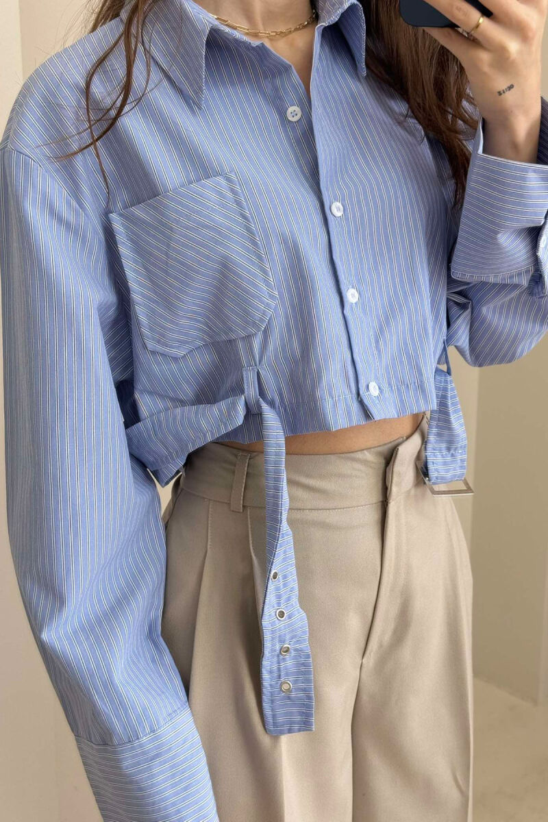 CROPPED BELT DETAIL STRIPE WOMEN SHIRT LIGHTBLUE/BZ - 2