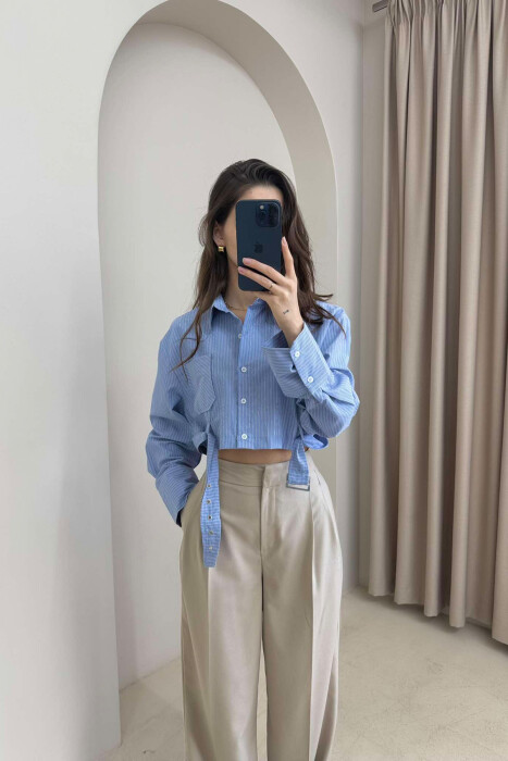 CROPPED BELT DETAIL STRIPE WOMEN SHIRT LIGHTBLUE/BZ - 3