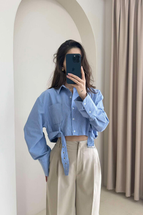 CROPPED BELT DETAIL STRIPE WOMEN SHIRT LIGHTBLUE/BZ - 4
