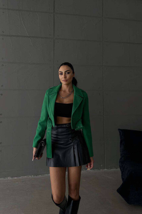 CROPPED BELT WOMEN JACKET IN GREEN COLOR 