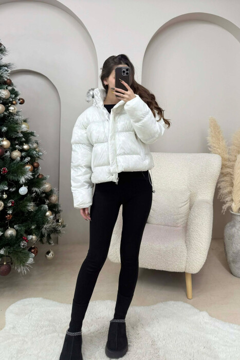CROPPED FAUX FUR HOODED WOMEN PUFFER JACKET WHITE-E BARDHE - 2