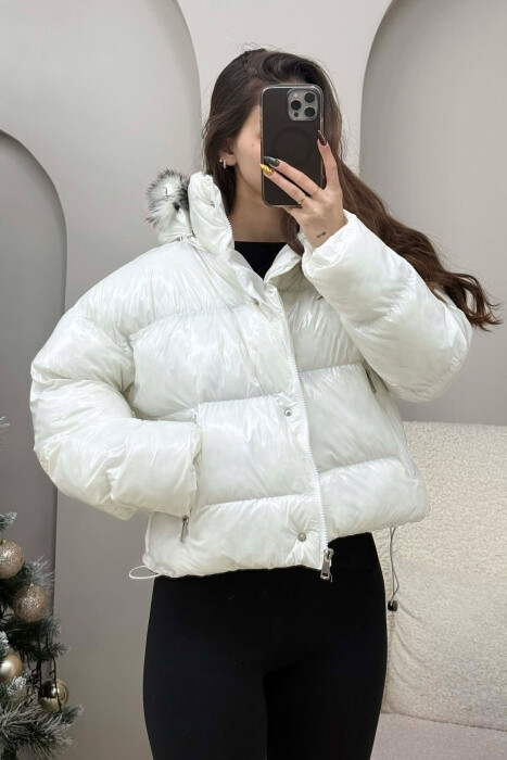 CROPPED FAUX FUR HOODED WOMEN PUFFER JACKET WHITE-E BARDHE - 3