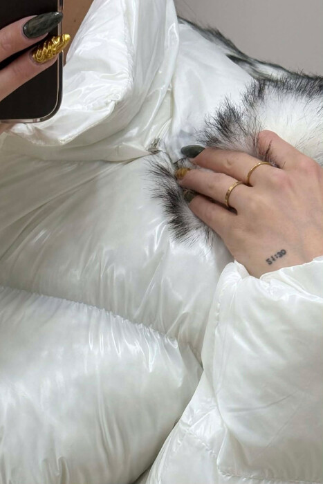 CROPPED FAUX FUR HOODED WOMEN PUFFER JACKET WHITE-E BARDHE - 4