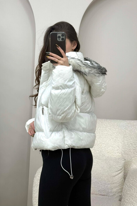 CROPPED FAUX FUR HOODED WOMEN PUFFER JACKET WHITE-E BARDHE - 5