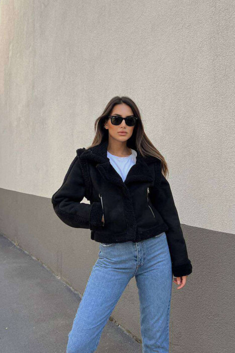 CROPPED FLUFFY WOMEN JACKET IN BLACK-BLACK COLOR 