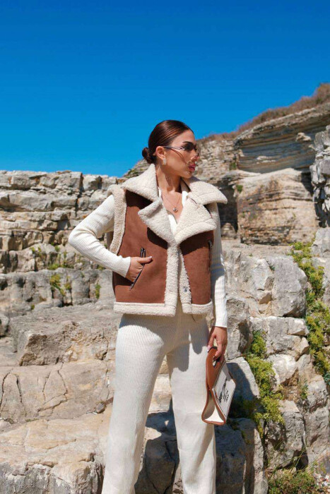 CROPPED FLUFFY WOMEN JACKET CREAM-BROWN/KRKA - 2