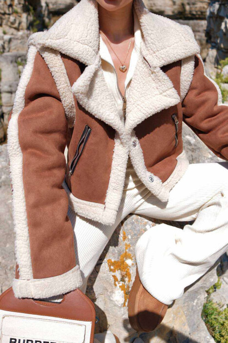 CROPPED FLUFFY WOMEN JACKET CREAM-BROWN/KRKA - 4