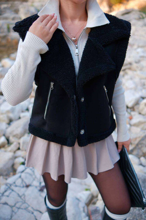 CROPPED FLUFFY WOMEN JACKET IN BLACK-BLACK COLOR - 4