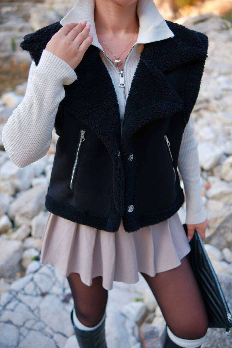 CROPPED FLUFFY WOMEN JACKET IN BLACK-BLACK COLOR - 4