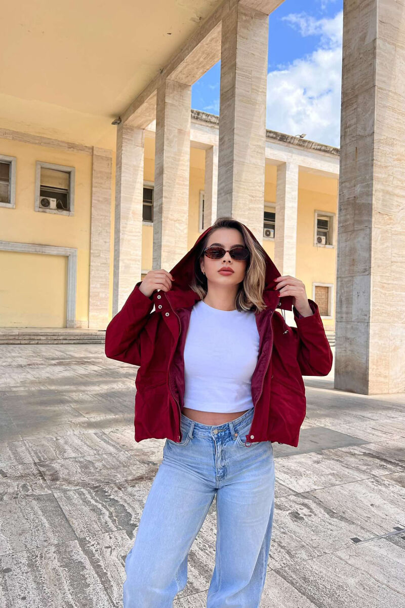 CROPPED HOOD ZIPPER POCKETS WOMEN JACKET BURGUNDY/VISHNJE - 1