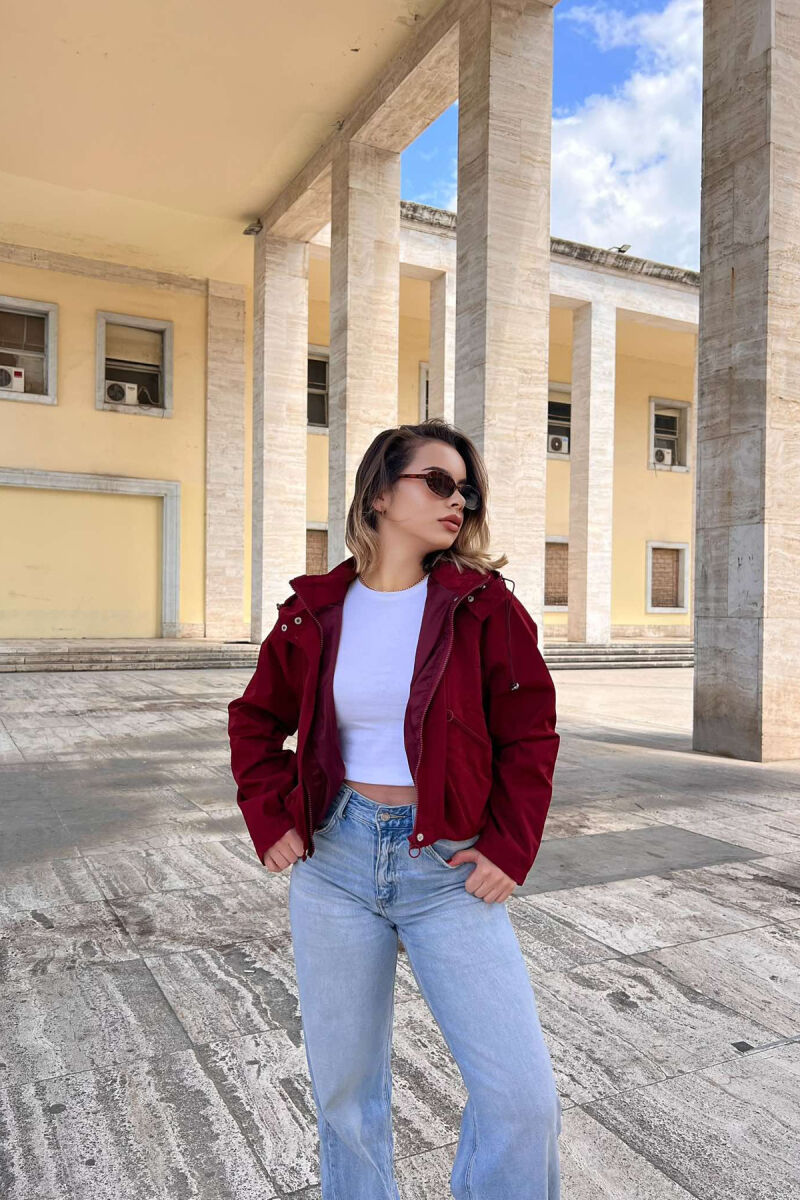 CROPPED HOOD ZIPPER POCKETS WOMEN JACKET BURGUNDY/VISHNJE - 2
