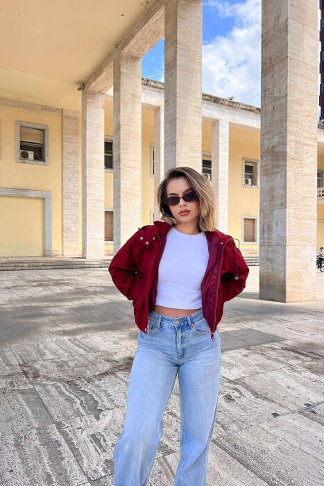 CROPPED HOOD ZIPPER POCKETS WOMEN JACKET BURGUNDY/VISHNJE - 3