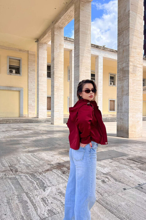 CROPPED HOOD ZIPPER POCKETS WOMEN JACKET BURGUNDY/VISHNJE - 4