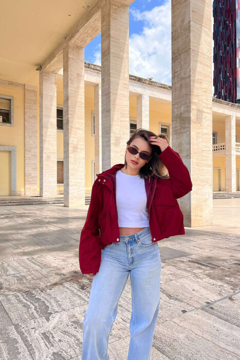 CROPPED HOOD ZIPPER POCKETS WOMEN JACKET BURGUNDY/VISHNJE - 5