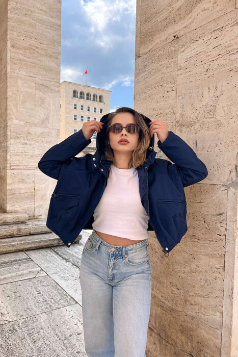 CROPPED HOOD ZIPPER POCKETS WOMEN JACKET DARK BLUE/BEE 
