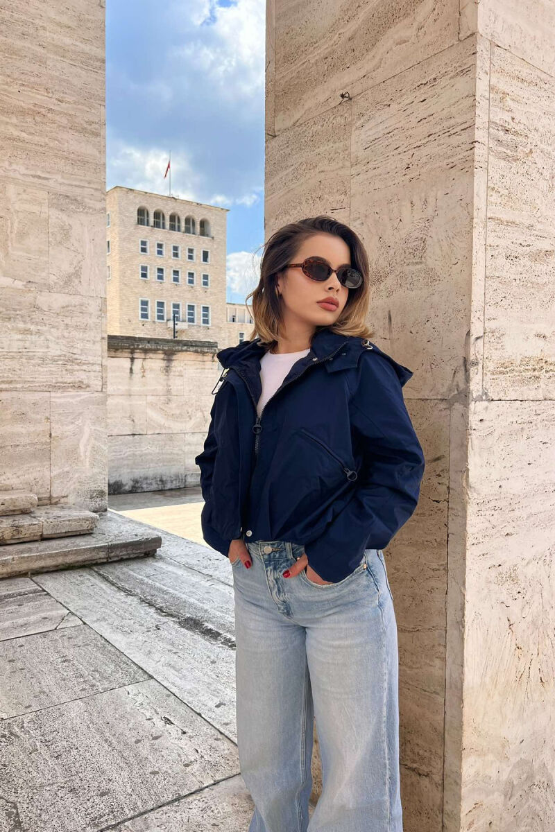 CROPPED HOOD ZIPPER POCKETS WOMEN JACKET DARK BLUE/BEE - 2