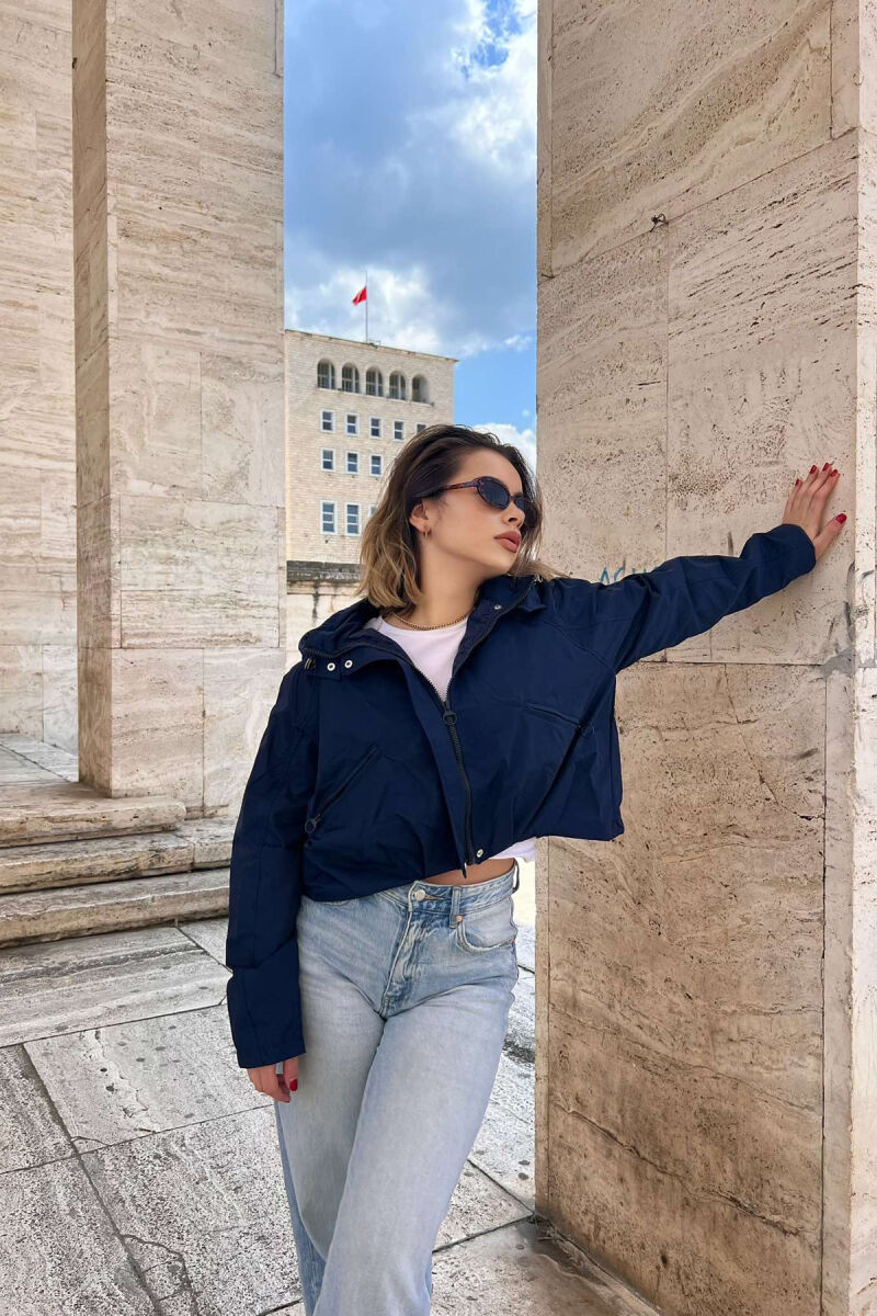 CROPPED HOOD ZIPPER POCKETS WOMEN JACKET DARK BLUE/BEE - 4