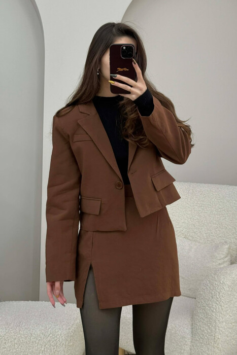 CROPPED JACKET+SKIRT ONE COLOR WOMEN SET BROWN/KAFE 