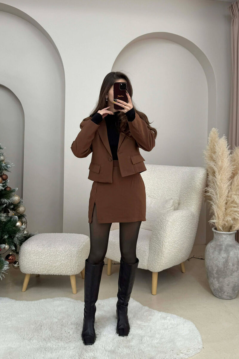CROPPED JACKET+SKIRT ONE COLOR WOMEN SET BROWN/KAFE - 2