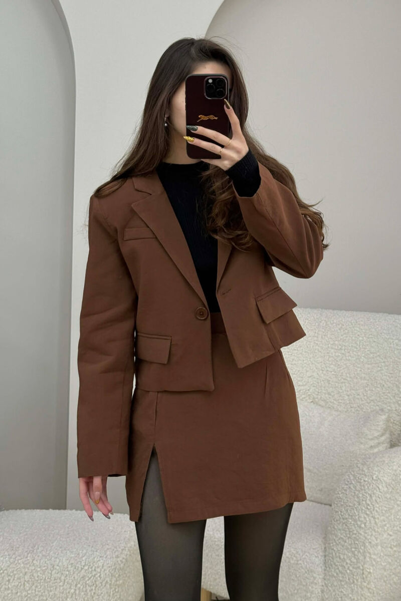 CROPPED JACKET+SKIRT ONE COLOR WOMEN SET BROWN/KAFE - 1