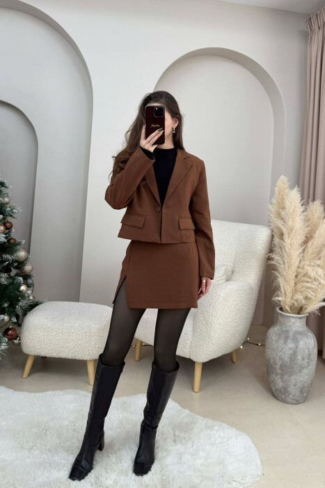 CROPPED JACKET+SKIRT ONE COLOR WOMEN SET BROWN/KAFE - 3