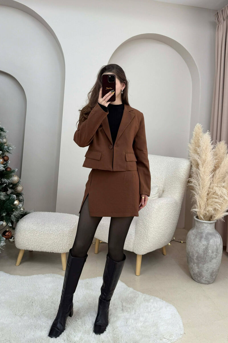 CROPPED JACKET+SKIRT ONE COLOR WOMEN SET BROWN/KAFE - 3