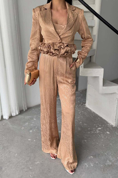 CROPPED JACKET+TANK TOP+TROUSERS 3 PIECE WOMEN SET BEIGE/BEZHE 