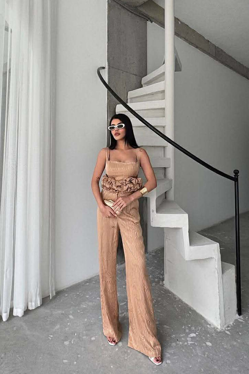 CROPPED JACKET+TANK TOP+TROUSERS 3 PIECE WOMEN SET BEIGE/BEZHE - 1