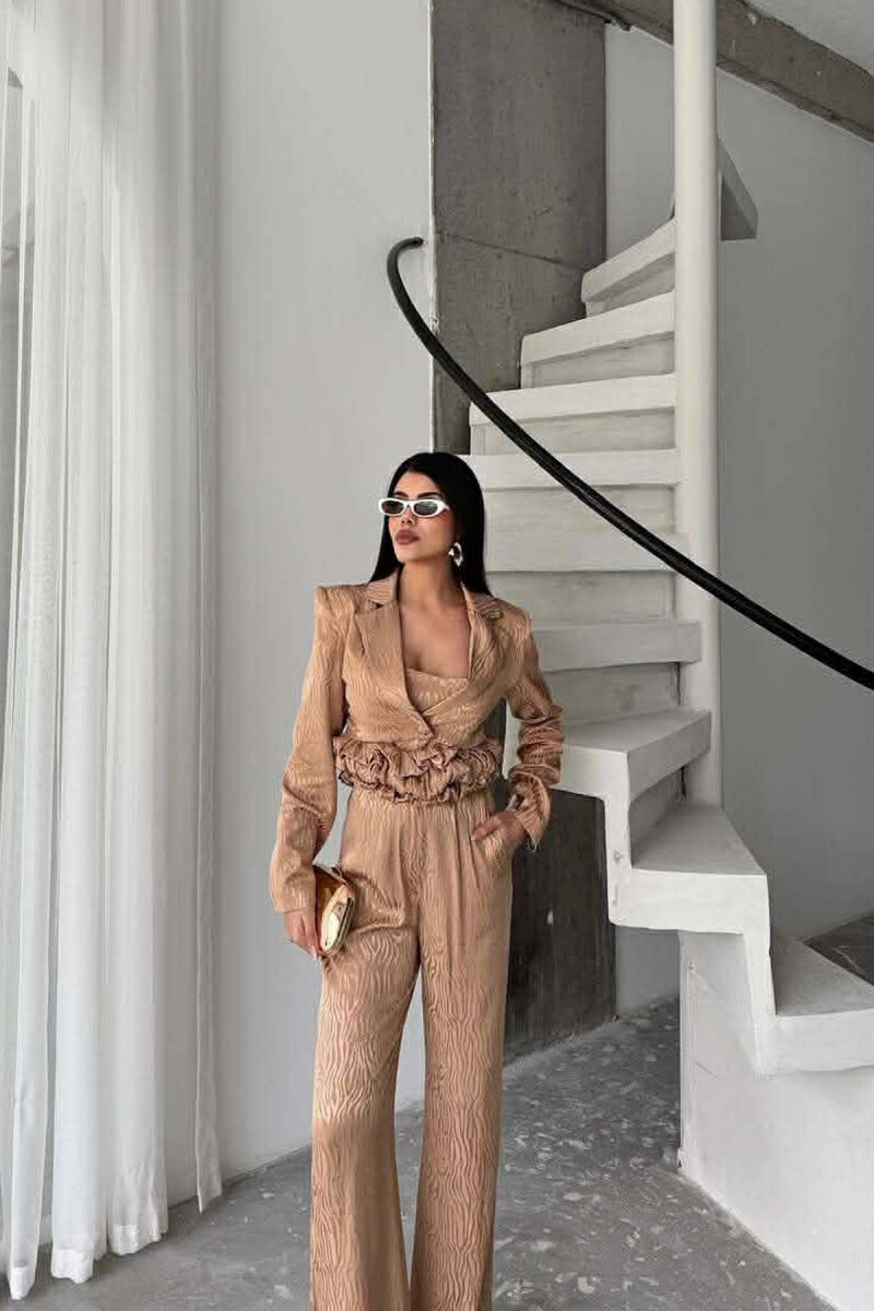 CROPPED JACKET+TANK TOP+TROUSERS 3 PIECE WOMEN SET BEIGE/BEZHE - 2