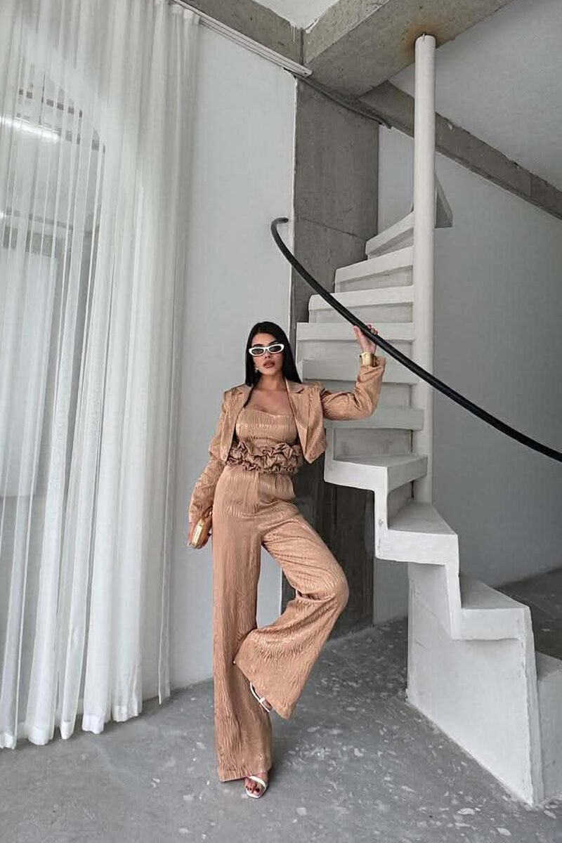 CROPPED JACKET+TANK TOP+TROUSERS 3 PIECE WOMEN SET BEIGE/BEZHE - 3