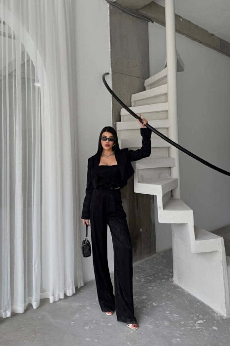 CROPPED JACKET+TANK TOP+TROUSERS 3 PIECE WOMEN SET BLACK/ E ZEZE - 2