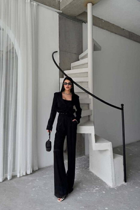 CROPPED JACKET+TANK TOP+TROUSERS 3 PIECE WOMEN SET BLACK/ E ZEZE - KLAUDIO FASHION