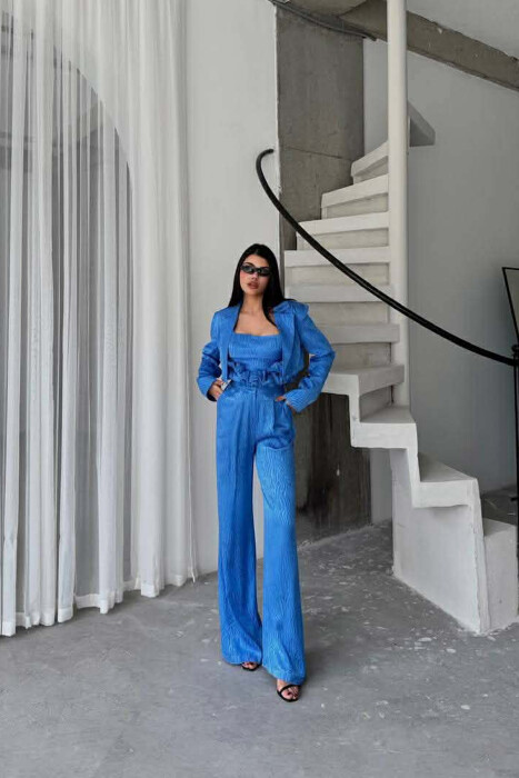 CROPPED JACKET+TANK TOP+TROUSERS 3 PIECE WOMEN SET BLUE/BLU - KLAUDIO FASHION