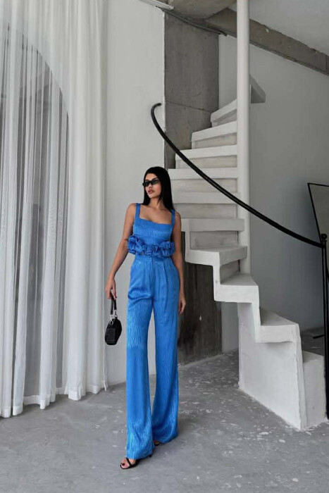 CROPPED JACKET+TANK TOP+TROUSERS 3 PIECE WOMEN SET BLUE/BLU - 6