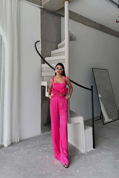 CROPPED JACKET+TANK TOP+TROUSERS 3 PIECE WOMEN SET FUCHSIA/CIKLAMI - 4