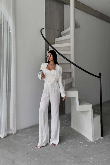 CROPPED JACKET+TANK TOP+TROUSERS 3 PIECE WOMEN SET WHITE-E BARDHE - KLAUDIO FASHION