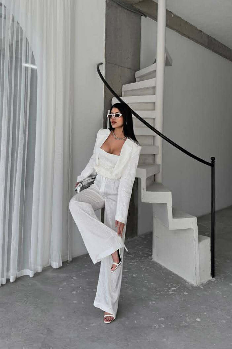CROPPED JACKET+TANK TOP+TROUSERS 3 PIECE WOMEN SET WHITE-E BARDHE - 5