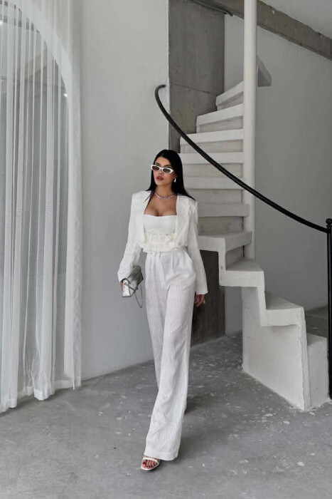 CROPPED JACKET+TANK TOP+TROUSERS 3 PIECE WOMEN SET WHITE-E BARDHE - 6