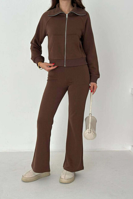 CROPPED JACKET+TROUSERS SIMPLE WOMEN SET BROWN/KAFE - KLAUDIO FASHION