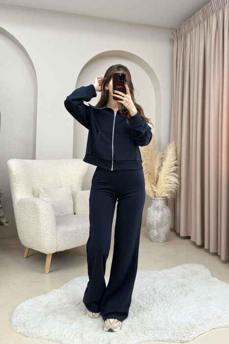 CROPPED JACKET+TROUSERS SIMPLE WOMEN SET DARK BLUE/BEE - KLAUDIO FASHION