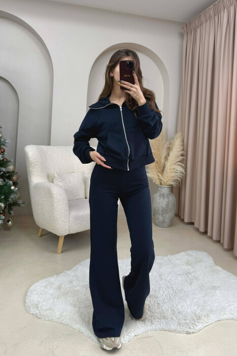 CROPPED JACKET+TROUSERS SIMPLE WOMEN SET DARK BLUE/BEE - 2