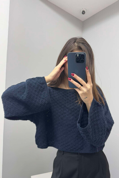 CROPPED KNITTED WOMEN SWEATER IN DARK BLUE COLOR - 3