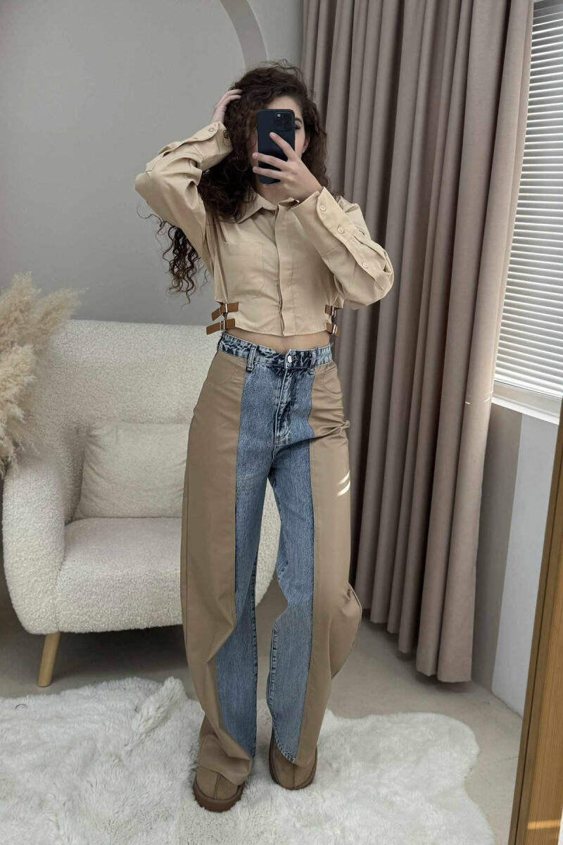 CROPPED ONE COLOR BELT DETAILS WOMEN SHIRT BEIGE/BEZHE - 1