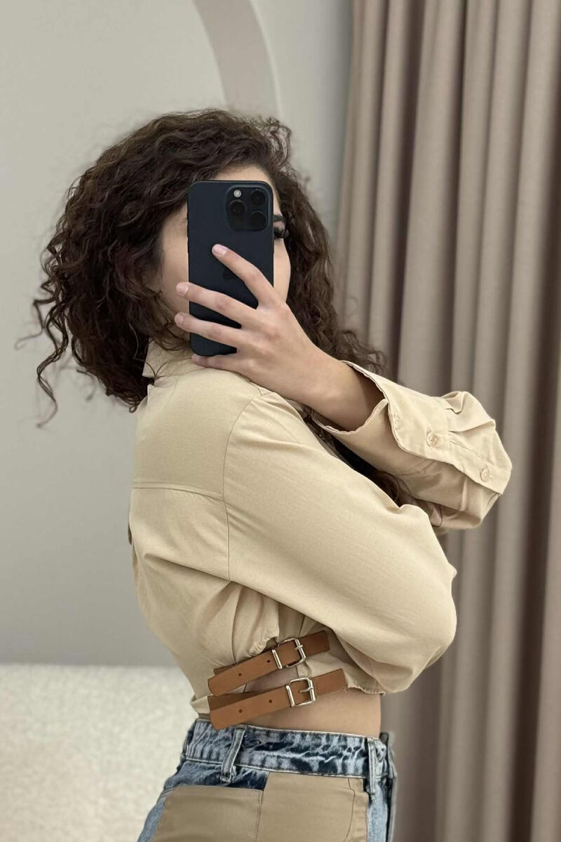 CROPPED ONE COLOR BELT DETAILS WOMEN SHIRT BEIGE/BEZHE - 3